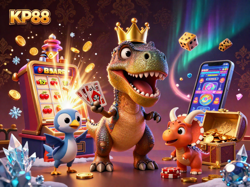 Experience fun with KP88 in a vibrant casino scene featuring a playful T-Rex and friends.