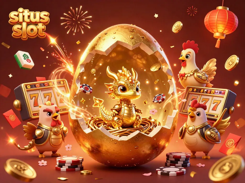 Menghibur permainan di situs slot dengan gambar naga emas dan chip poker di antaran lampion berwarna.
