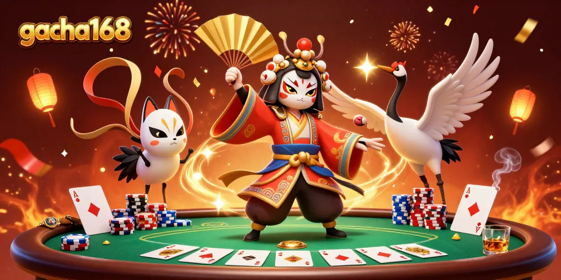 Win big at gacha168 with this vibrant casino scene featuring poker chips and characters.