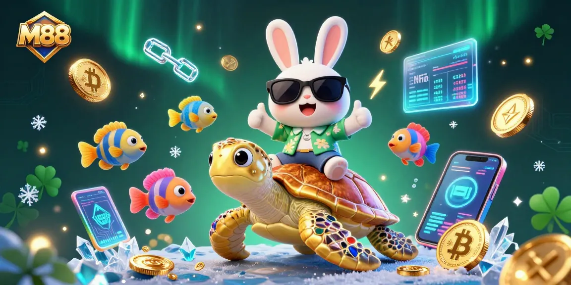 M88 showcases an exciting online betting experience featuring a lucky rabbit and golden sea turtle in a vibrant casino scene.