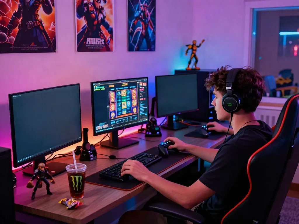 Exciting gaming setup showcasing a vibrant situs slot gacor environment with colorful screens and gaming accessories.