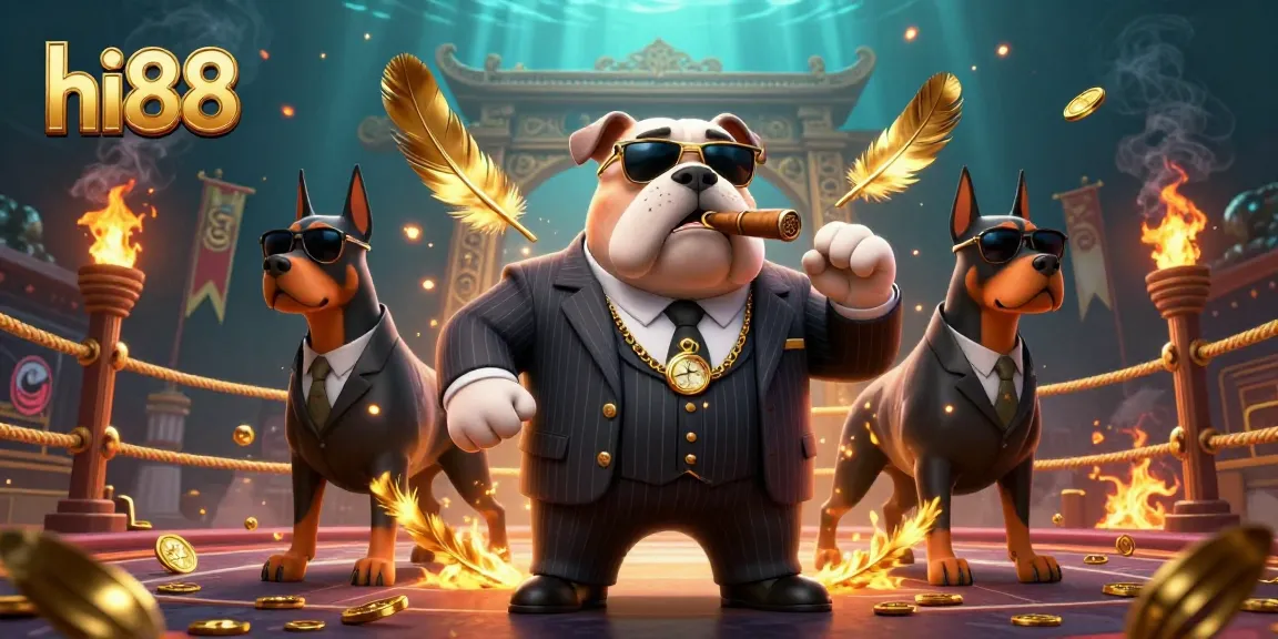 hi88 casino experience featuring a mafia bulldog boss with betting tokens and gold coins.