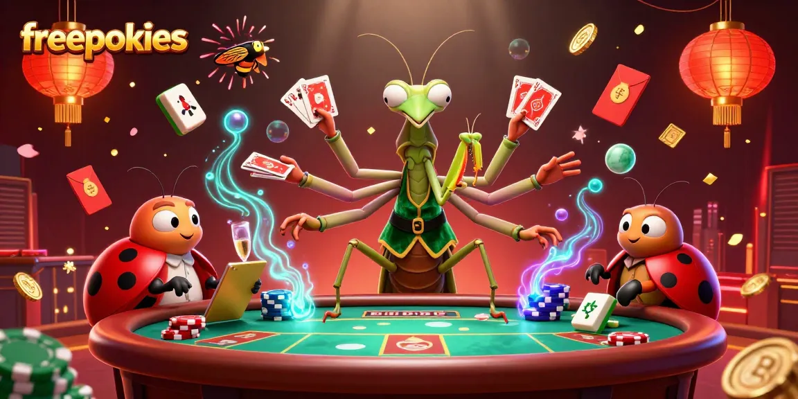 Engage with freepokies in a lively casino scene filled with vibrant characters and dynamic gaming elements.