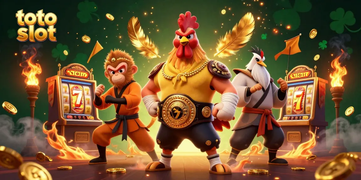 Gambarkan toto slot dengan ayam laga, monyet, dan guru bangau beraksi di arena.