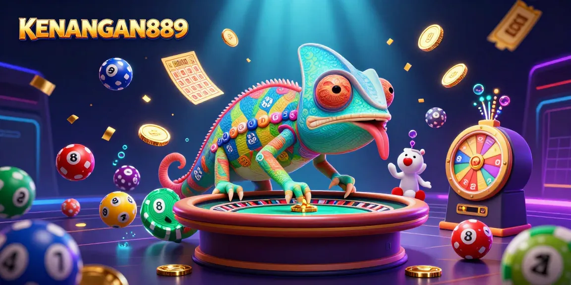 Experience vibrant gaming with KENANGAN889, featuring colorful lottery balls and a dynamic casino scene.