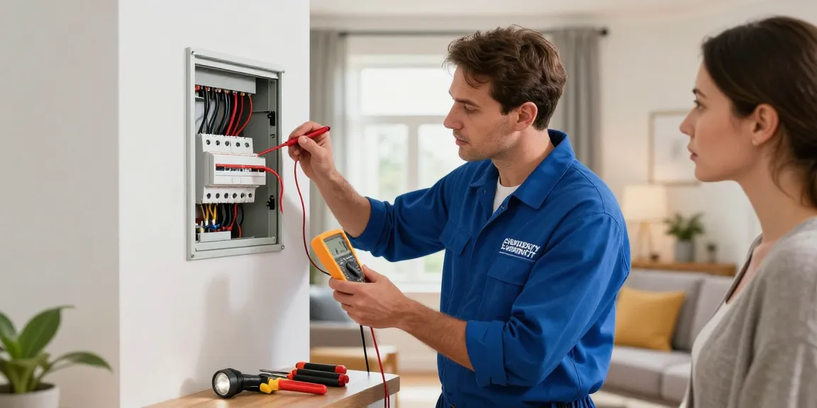 Emergency electrician in Cannock diagnosing electrical faults in a residential setting with tools and concerned homeowner.