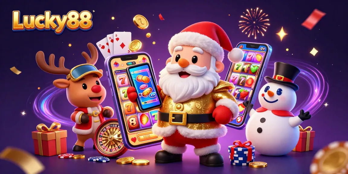Join the fun at Lucky88 with Santa, his reindeer, and a festive snowman surrounded by casino elements!