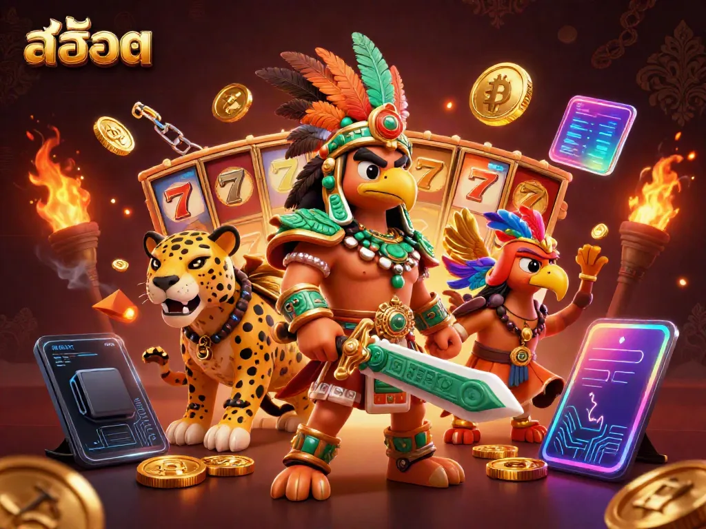 Spin the reels of สล็อต with Aztec warriors amid dynamic casino elements and crypto coins.