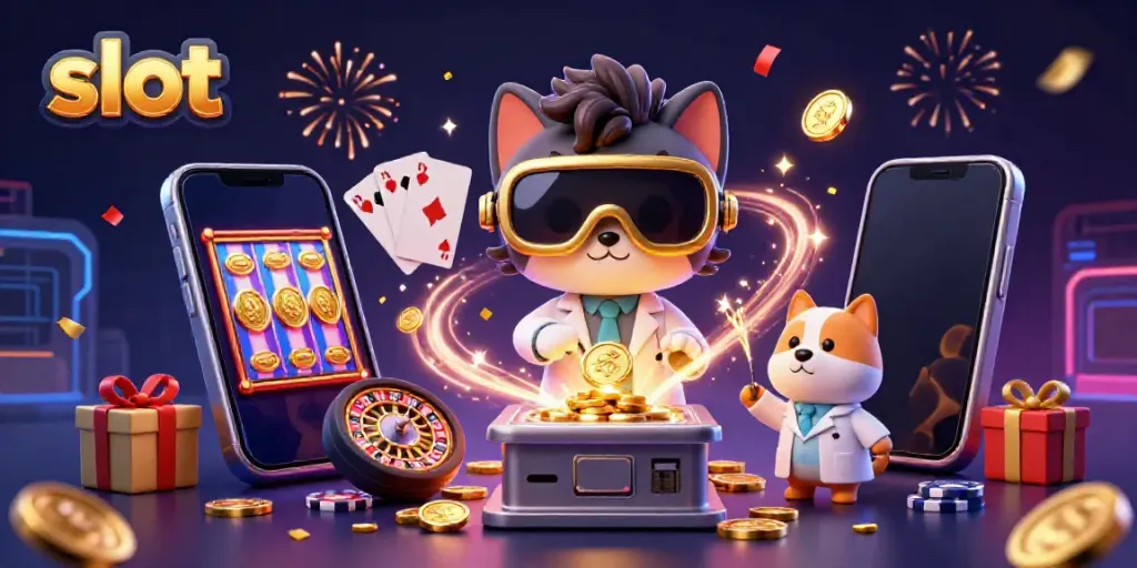 Slot mesin menghasilkan uang dengan pemandangan ilmuwan kucing dan anjing di lab.