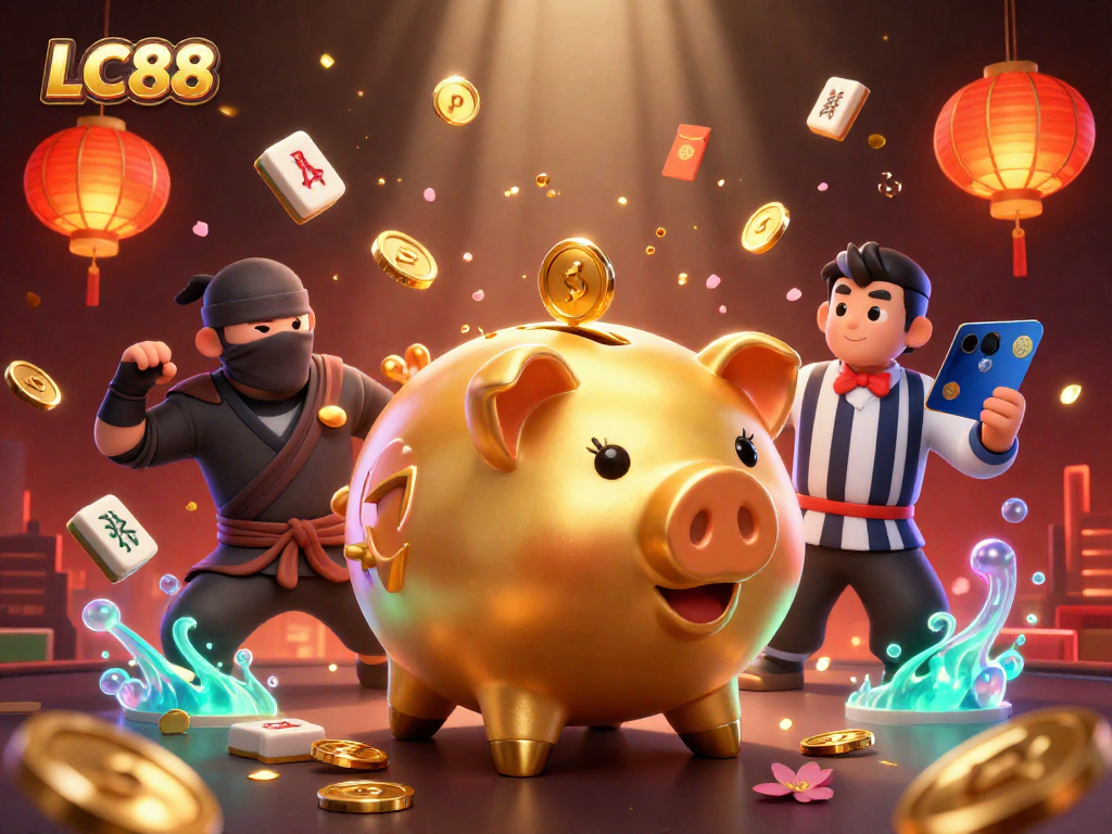 Experience thrilling gaming with LC88's dynamic casino scene featuring unique characters and vibrant elements.