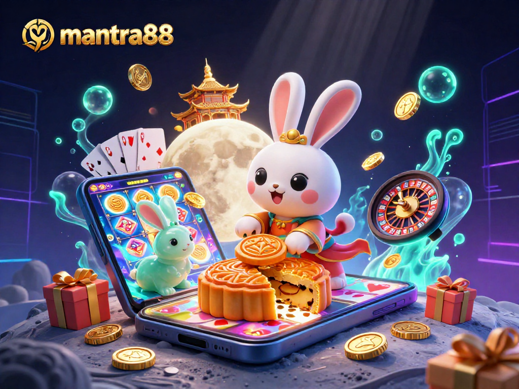 Experience mantra88 gaming with a lively scene featuring moon rabbits, poker chips, and vibrant casino elements.