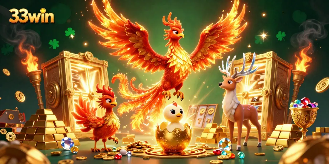 Experience the thrill of 33win as the phoenix rises among treasures in a vibrant casino.