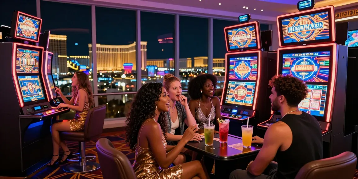 Excited group enjoying slot luar negeri at a dazzling casino in Vegas.