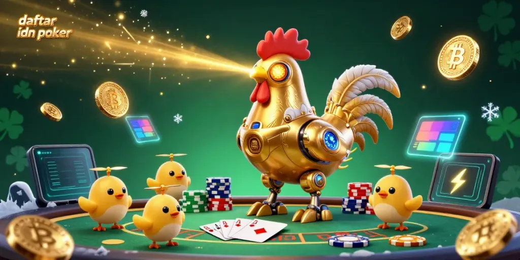 Engage in daftar idn poker with a golden rooster robot and baby chick drones amidst poker-themed elements.