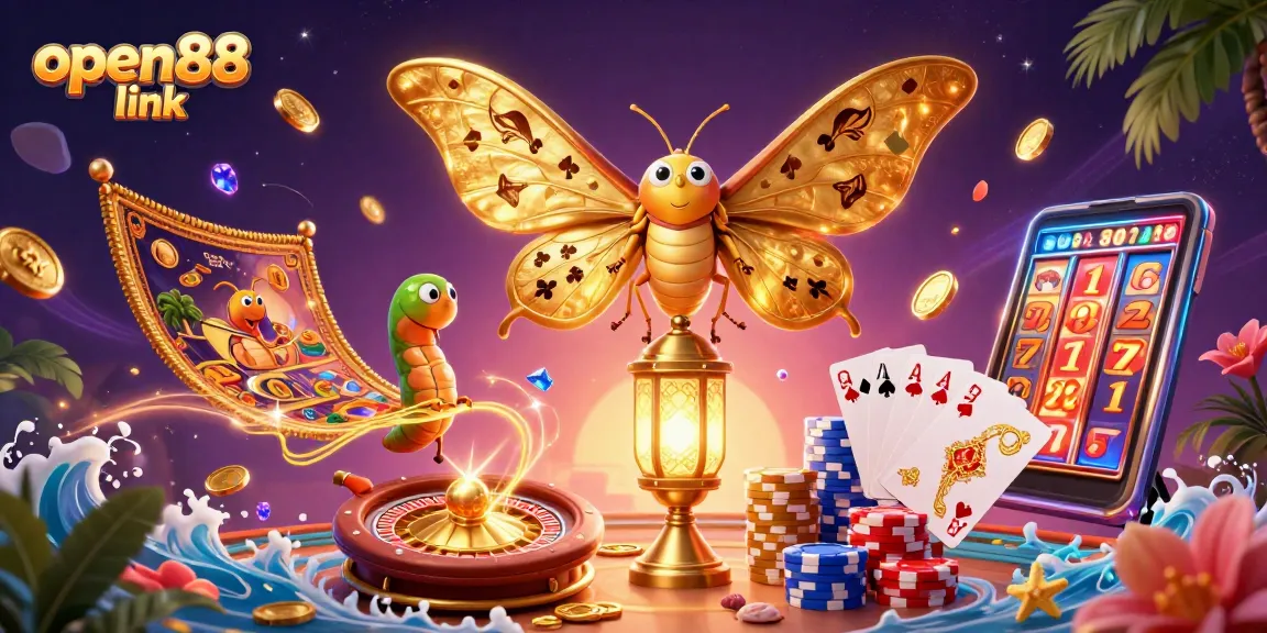Spin and win with the open88 link, featuring an engaging 3D casino scene filled with shimmering gems and colorful characters.