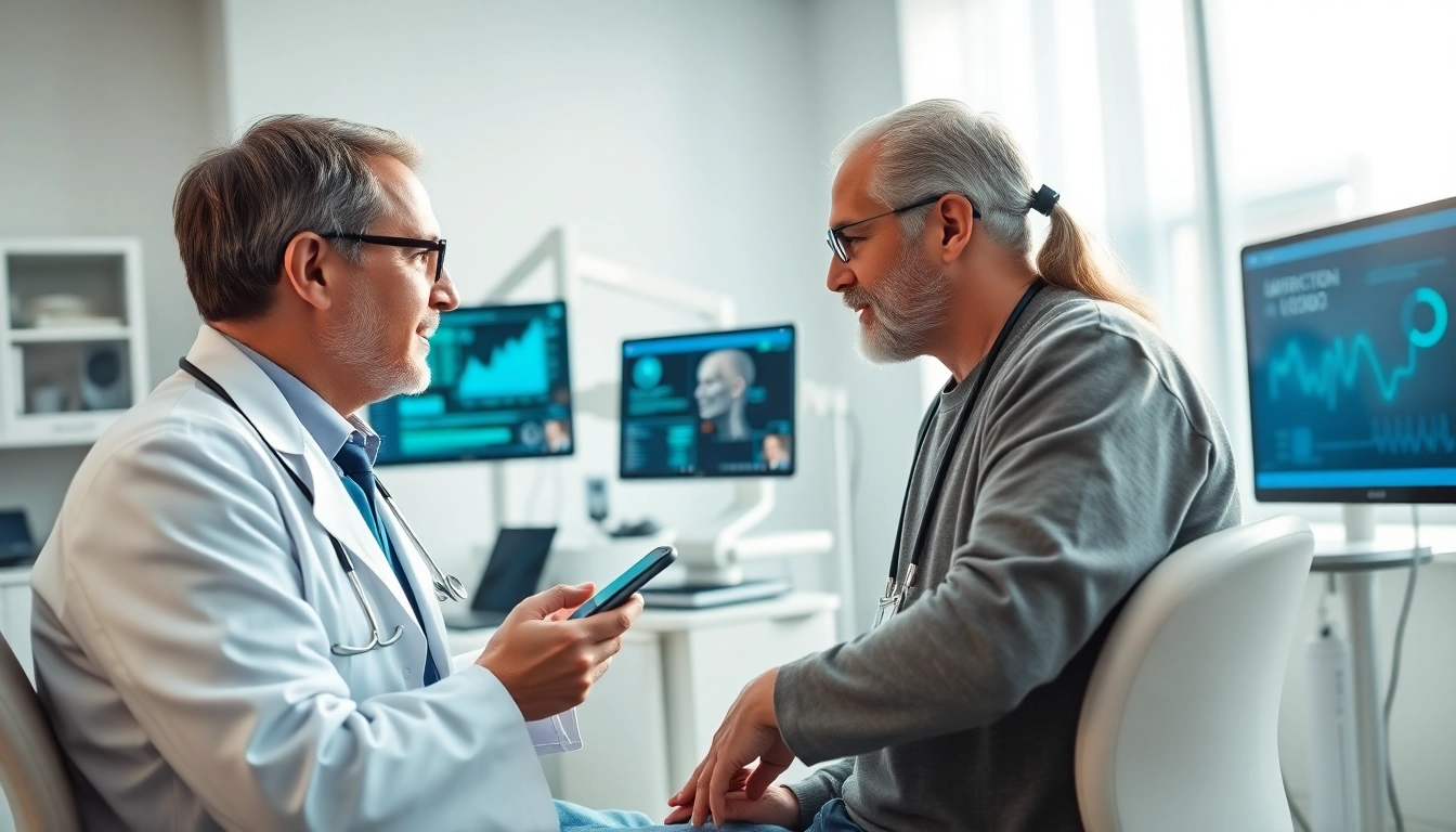 Illustration of ai in healthcare featuring a doctor using AI tools during a patient consultation.