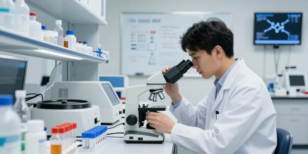Examining a vial of SS31 peptide buy in a modern laboratory setting