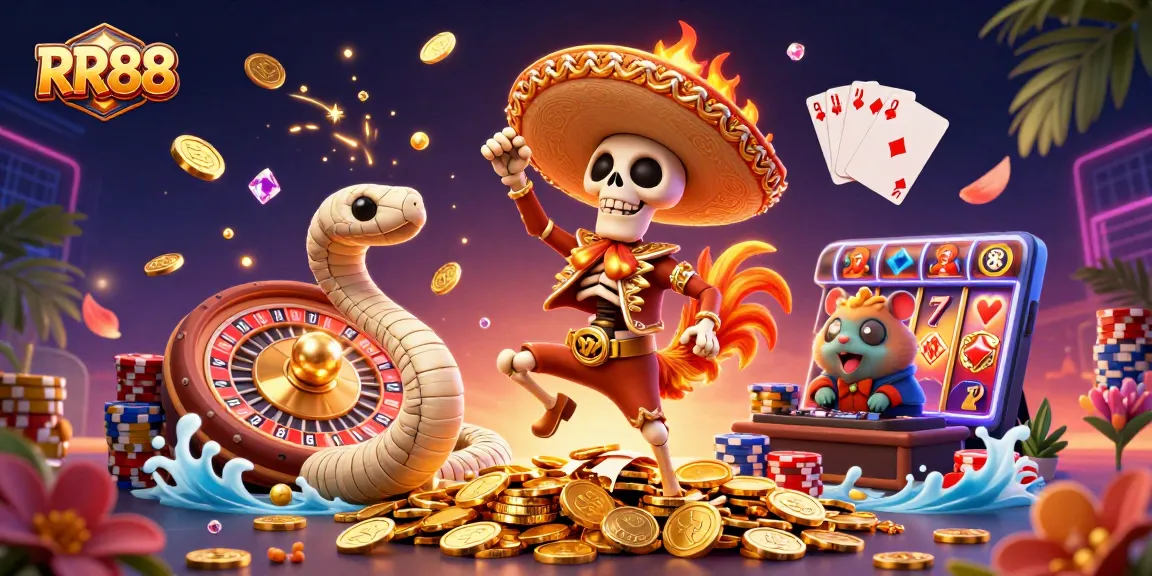 Experience excitement at RR88 with a dynamic scene of a mariachi rooster, mummy snake, and DJ hamster celebrating wins in a vibrant casino.