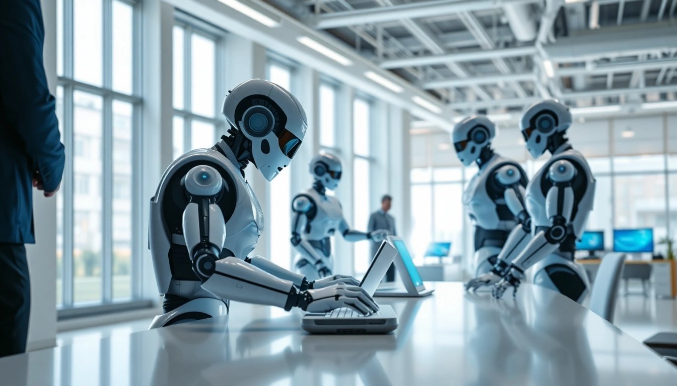 Ai Bots collaborating in a modern office, showcasing high-tech interactions.