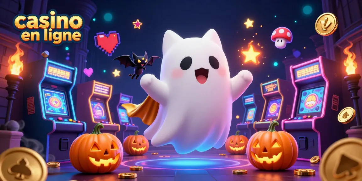 Jouez au casino en ligne avec des fantômes et des machines à sous animées dans une scène festive.