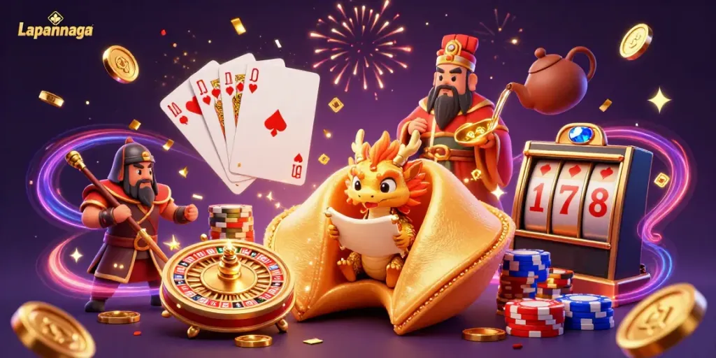 Experience the magic of Lapannaga with a vibrant casino scene featuring a golden fortune cookie and dynamic gaming elements.