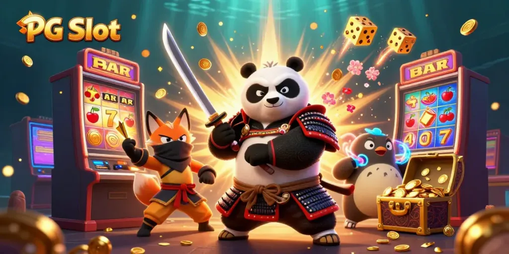 Experience PG Slot gaming with a fierce panda samurai and dynamic casino elements in a vibrant illustration.