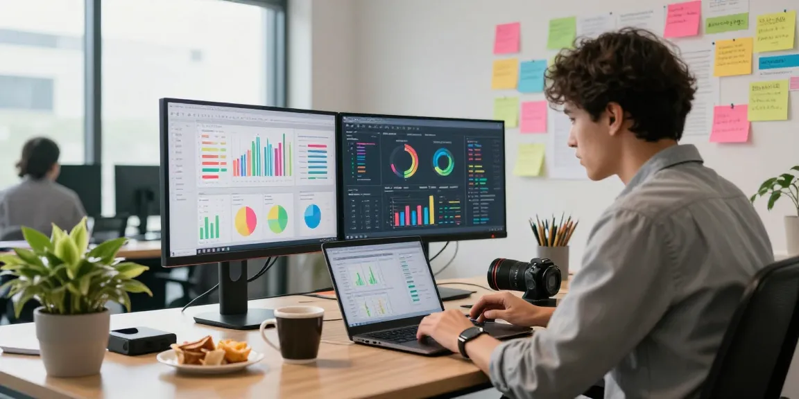 Marketer analyzing bdtjl data metrics in a vibrant office for enhanced digital strategies