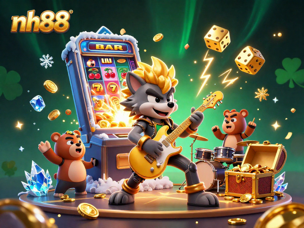 Experience excitement at nh88 with a cartoon rock star wolf performing on stage surrounded by casino elements.
