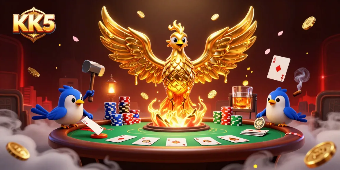 Engage with KK5's vibrant casino offerings featuring a golden phoenix and dynamic poker scene.