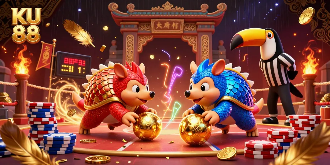 KU 88 pangolins compete in a vibrant casino game setting featuring poker chips and golden scales.