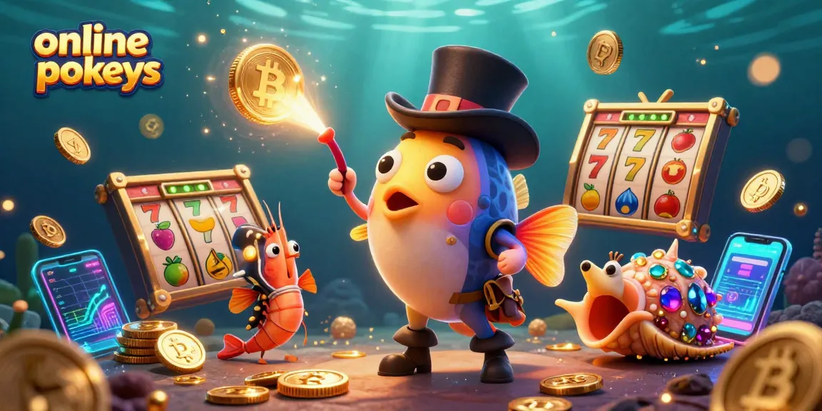 Engage in online pokies with a dynamic scene of an anglerfish, shrimp, and snail surrounded by casino symbols.