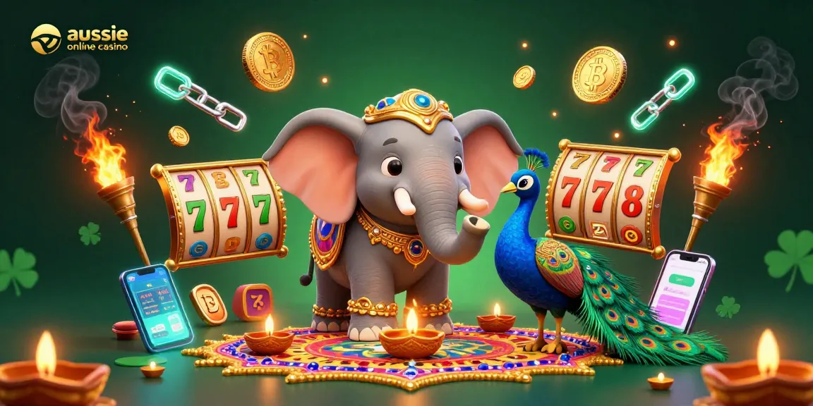 Play at the vibrant aussie online casino with a festive elephant and peacock enhancing the gaming experience.