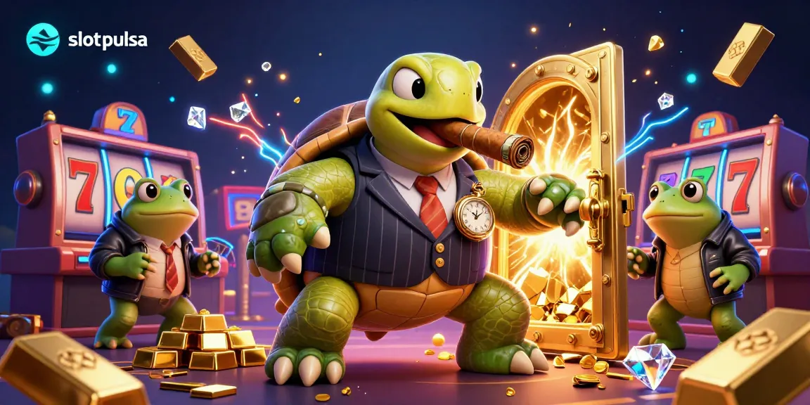Try your luck with slot pulsa as a massive turtle mobster spins the reels in a dazzling casino.