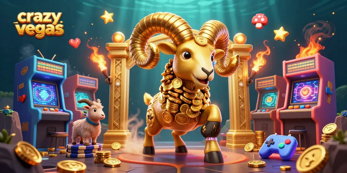 Crazyvegas showcases a 3D golden ram charging through an arcade of vibrant gaming machines.