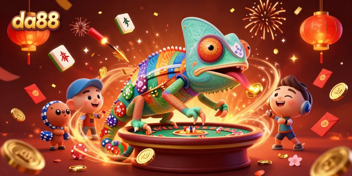 Experience vibrant casino excitement with da88's massive chameleon owner collecting golden coins amidst colorful games!