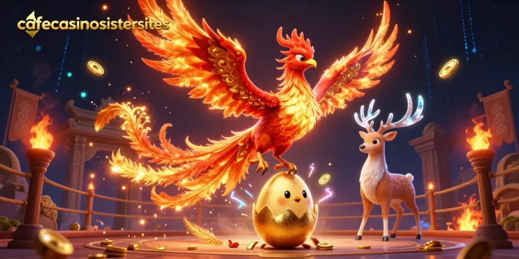 Experience thrilling wins at cafecasinosistersites with a vibrant scene featuring a phoenix, golden coins, and casino elements.