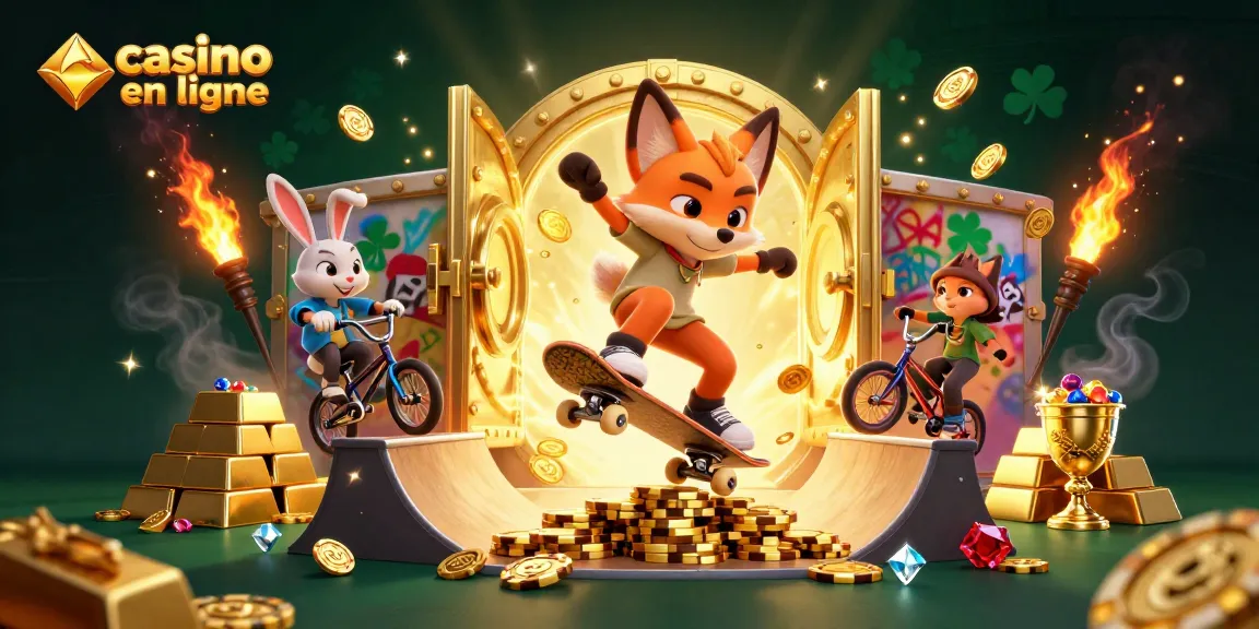 Un skateboardeur fox réalise un kickflip dans un casino en ligne dynamique rempli de trésors.