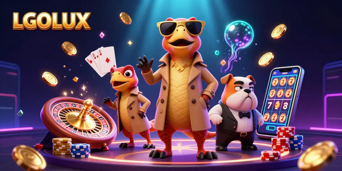 Engage with LGOLUX's casino excitement as raptors enter a VIP lounge amidst cascading coins.