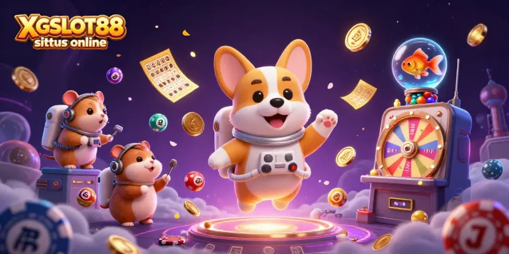 XGSLOT88 situs online merayakan keberuntungan dengan karakter kartun ceria dan simbol kasino yang berwarna-warni.