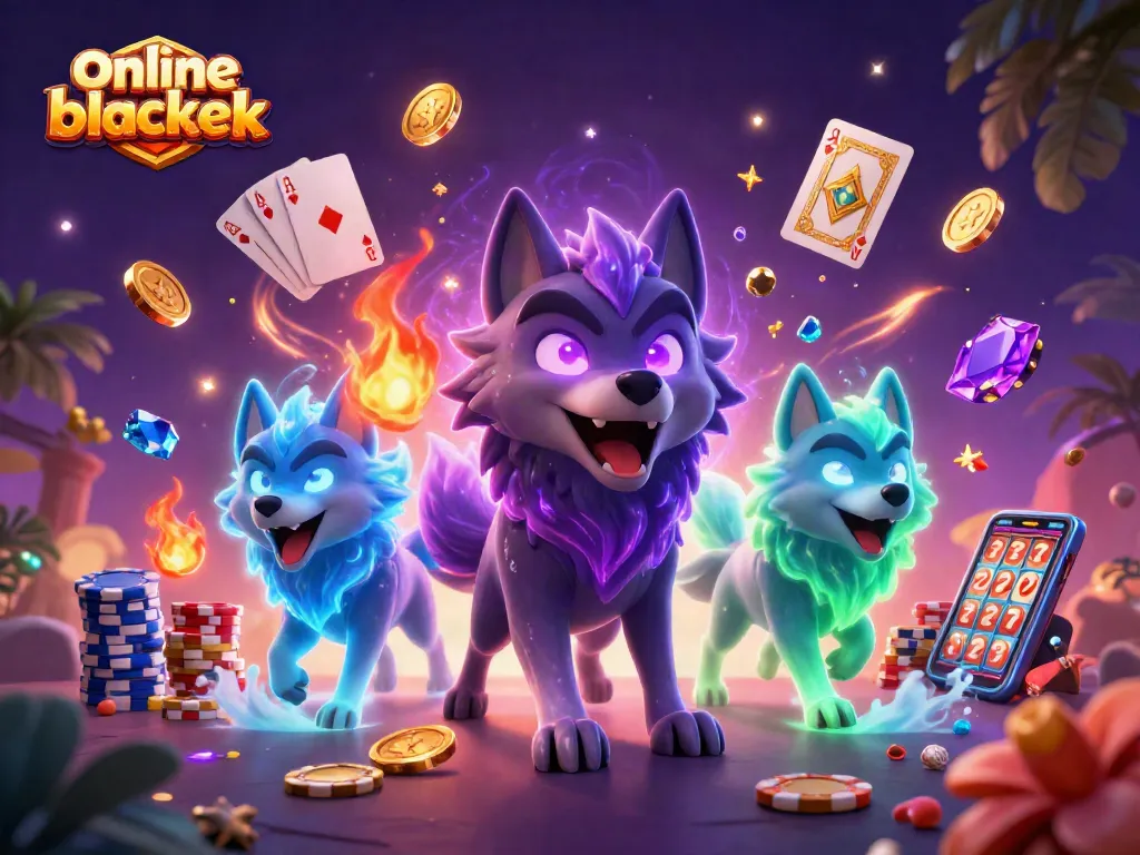 Experience the thrill of online blackjack with a stunning 3D casino scene featuring magical wolf characters.