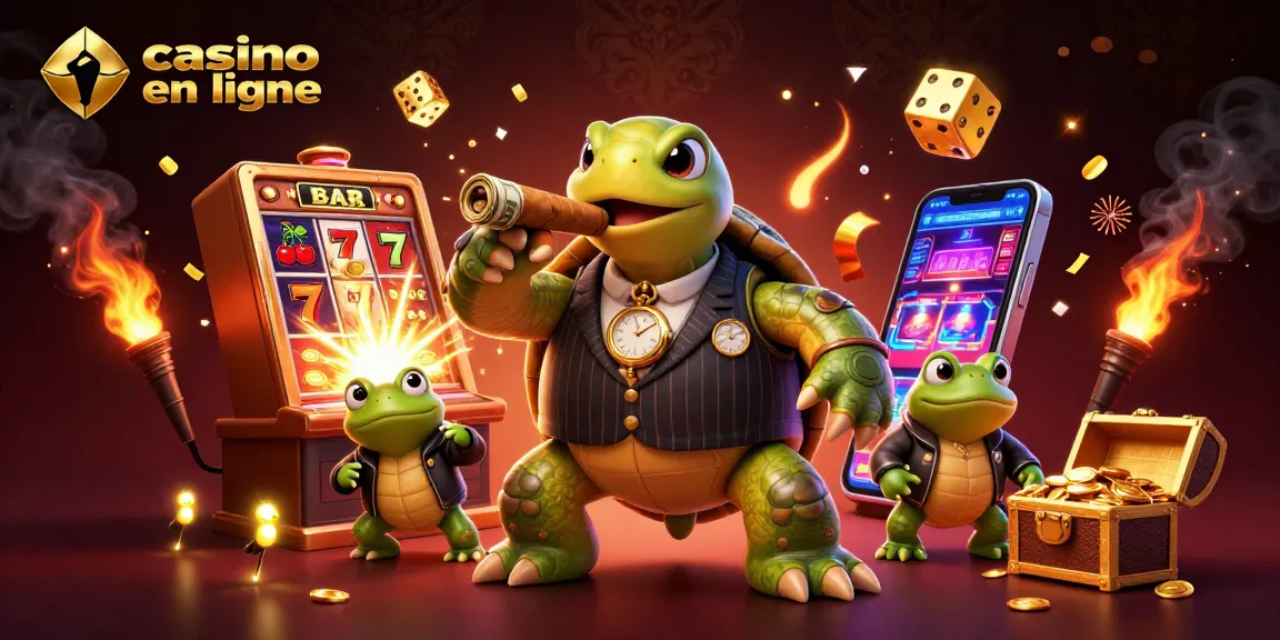 Illustration captivante d'une tortue en costume de gangster, mettant en avant les jeux de casino en ligne avec une machine à sous explosive.