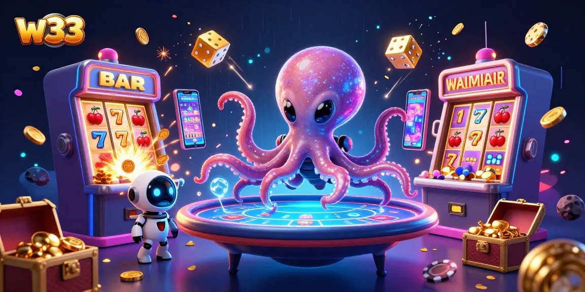 Experience engaging w33 slots with a dynamic casino scene featuring an octopus and robot.