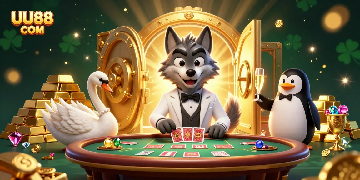 Experience big wins and thrilling action with UU88 COM's vibrant casino adventures featuring a charming wolf and elegant swan.