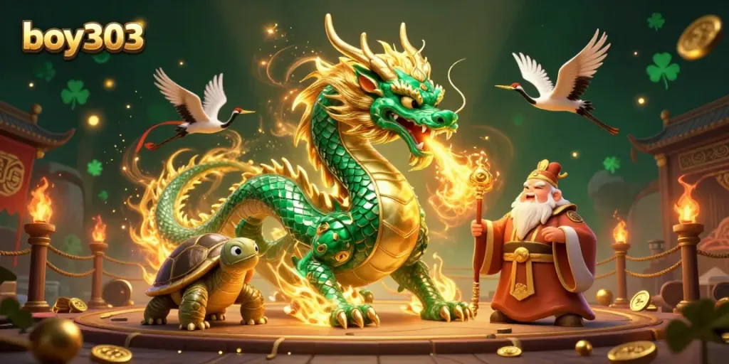 Experience thrilling action with boy303 featuring a jade dragon, turtle sage, and lucky cranes in a vibrant casino scene.