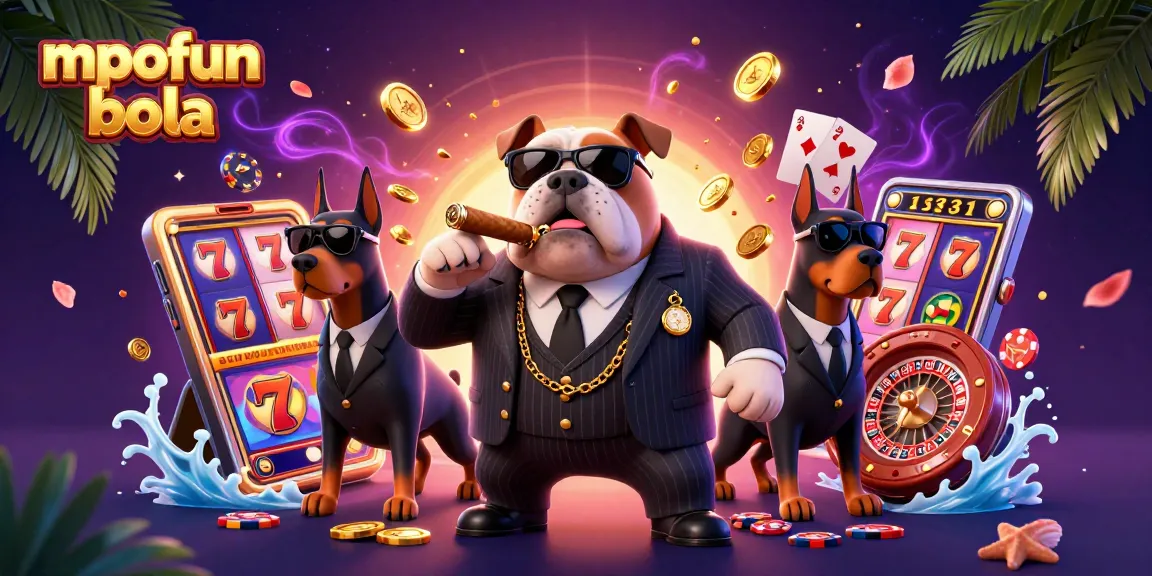 Engaging 3D illustration showing mpofun bola with a mafia boss bulldog, slot game elements, and vibrant casino atmosphere.
