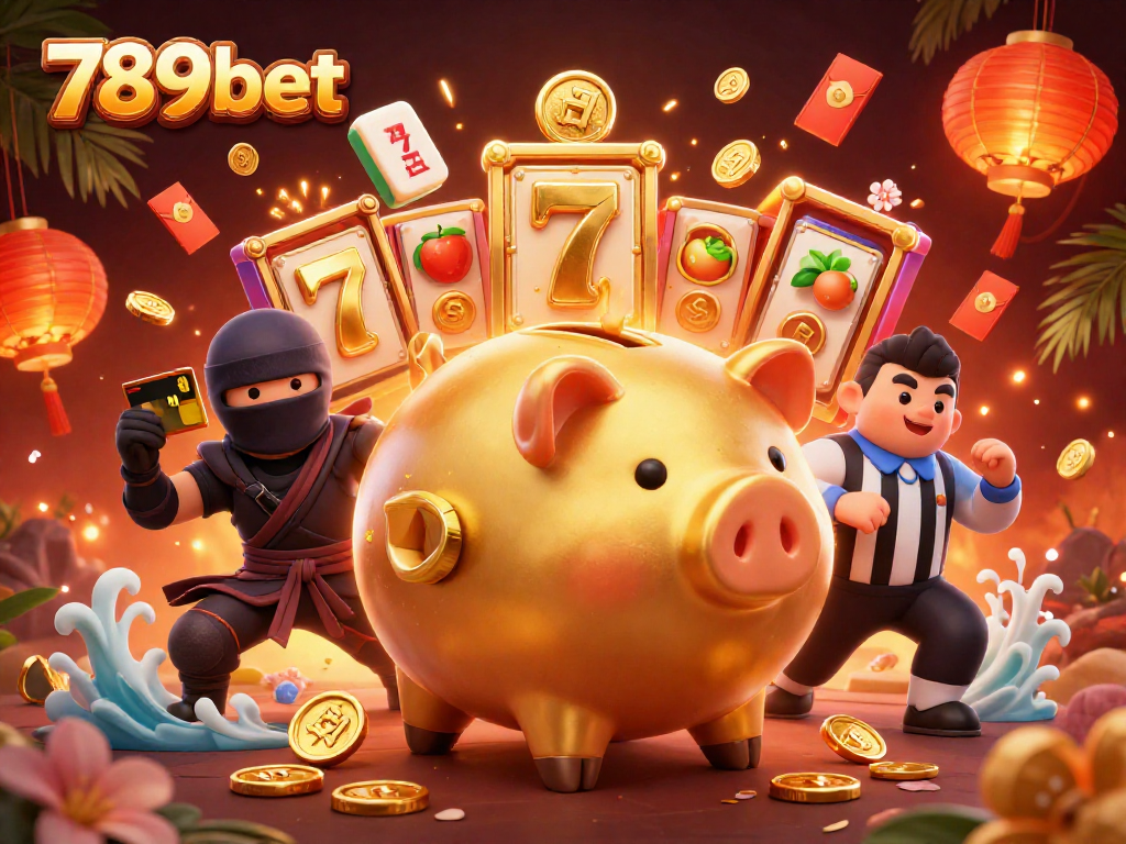 Experience 789bet's exciting gaming adventures with a sumo wrestler and ninja in a dynamic casino scene.