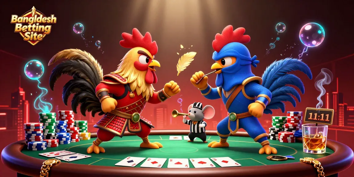 Experience thrilling action at Bangladesh Betting Site with cartoon roosters and dynamic poker elements.