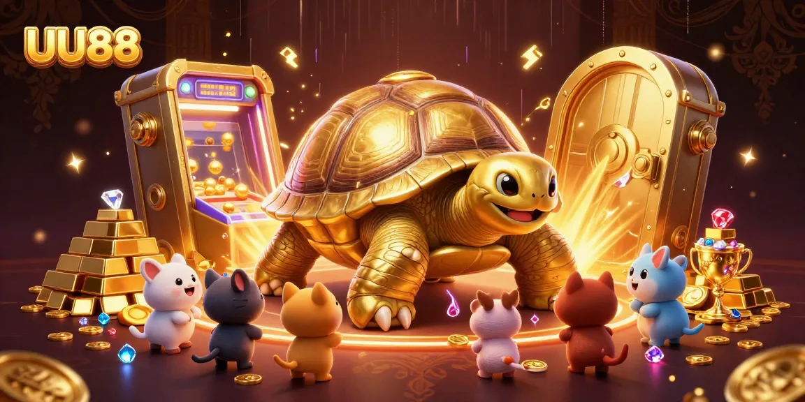 Play exciting games and win at UU88, featuring a golden tortoise pinball machine and treasure riches.