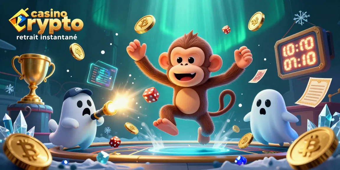 Illustration dynamique de casino crypto retrait instantané avec un singe poltergeist et un chiot chasseur de fantômes.