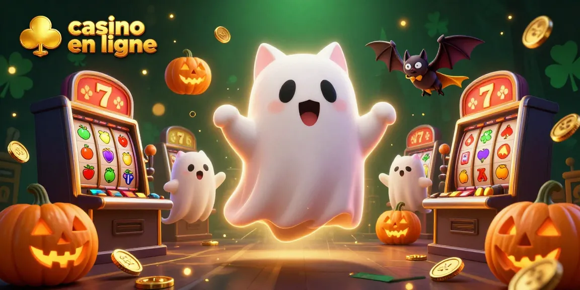 Illustration dynamique représentant un casino en ligne avec un chat fantôme et des symboles de machines à sous.